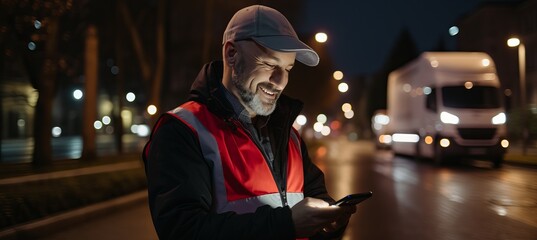 A smiling worker in a reflective vest checks messages on his phone in a city at night