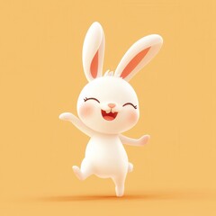 Obraz premium A joyful cartoon rabbit with big ears, happily dancing against a vibrant yellow background, perfect for children's design.