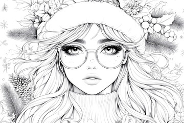 Fototapeta premium A woman with glasses and a hat is sitting in a field of leaves. The leaves are falling and the woman is looking at the ground
