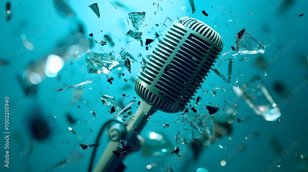 Poster striking abstract image showcasing a microphone surrounded by shattered glass pieces all suspended i