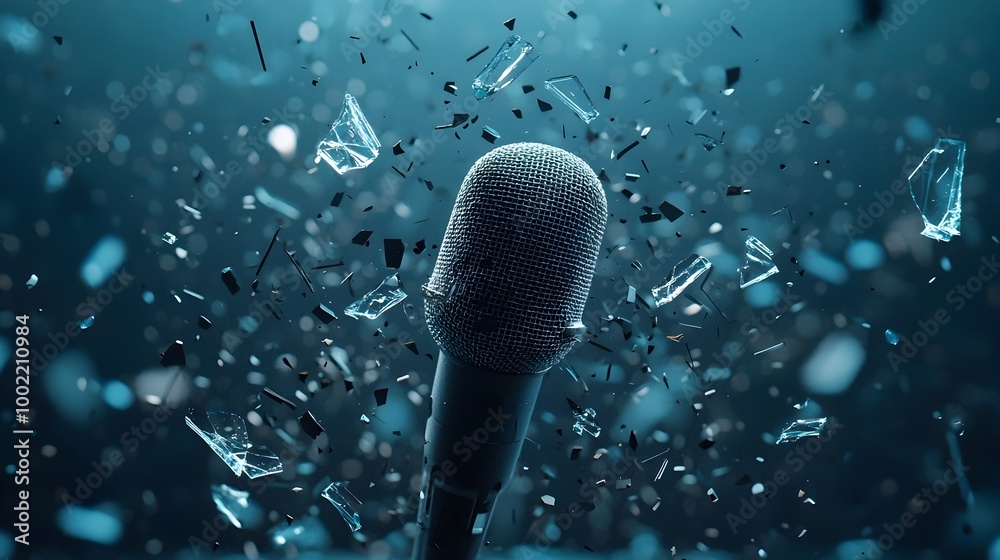 Poster striking visual composition featuring a microphone surrounded by shattered glass pieces suspended in