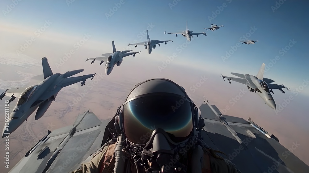 Poster squadrons of powerful and modern fighter jets in a dynamic aerial combat formation the panning to re