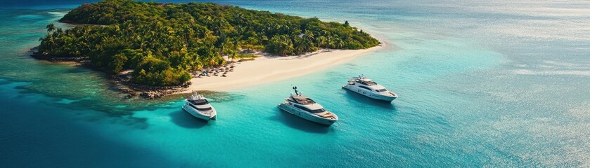 Fototapeta premium Luxurious Yachts Anchored Near a Tropical Island with Crystal Clear Waters and Lush Greenery