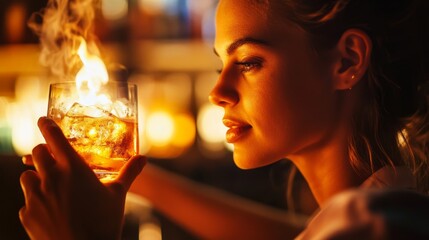 Woman Holding a Glass of Flaming Alcohol with Ice Cubes