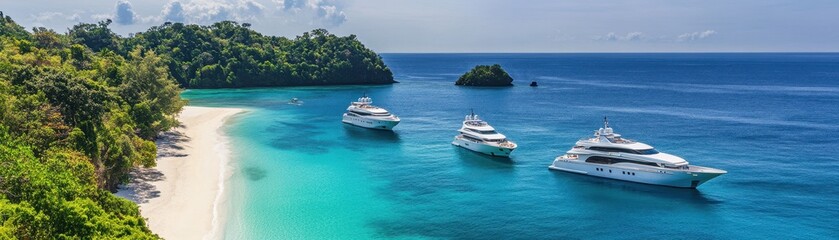Fototapeta premium Luxurious Yachts Anchored in Crystal Clear Waters Near a Tropical Island with Pristine White Sand Beach