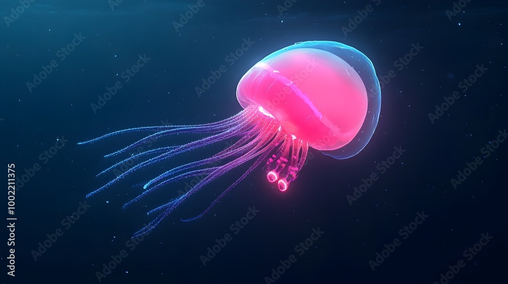 Poster stunning image showcasing a bioluminescent siphonophore creature with its glowing tentacles graceful