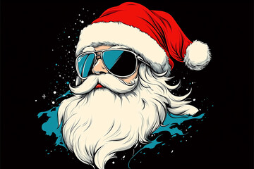 A santa with sunglasses on his face. The sunglasses are on his face and he is wearing a red hat