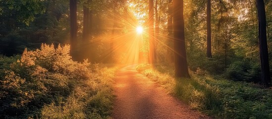 Naklejka premium Sunlit Forest Path with Golden Sun Rays Shining Through Trees in a Serene Woodland Setting