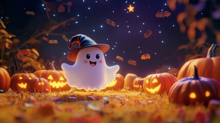 Obraz premium Create a cute Halloween animation featuring a playful ghost wearing a tiny hat, floating through a pumpkin-filled yard, playfully dodging friendly bats, and making silly faces under a bright