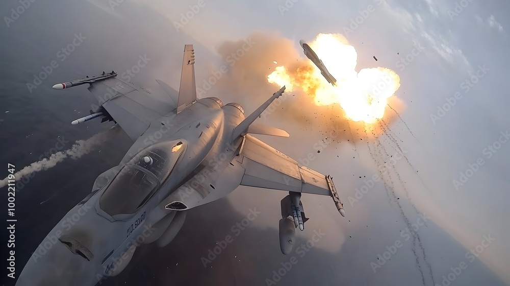 Poster Thrilling Aerial Evasion This dynamic image captures a fighter jet narrowly evading a missile with the tracking both the jet and the dramatic explosion behind it