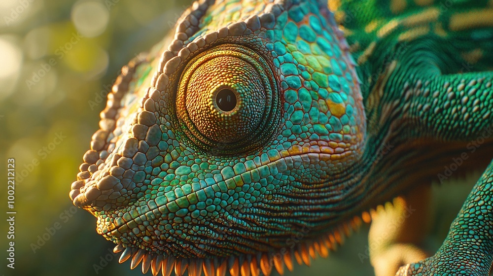 Sticker   Close-up of a chameleon's face with blurry boke of leaves in the background