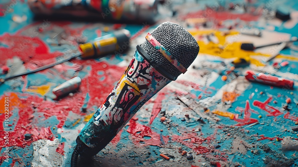 Poster Vibrant abstract art patterns wrapped around a microphone standing on a textured surface creating a visually striking and creative backdrop for audio multimedia or broadcasting concepts