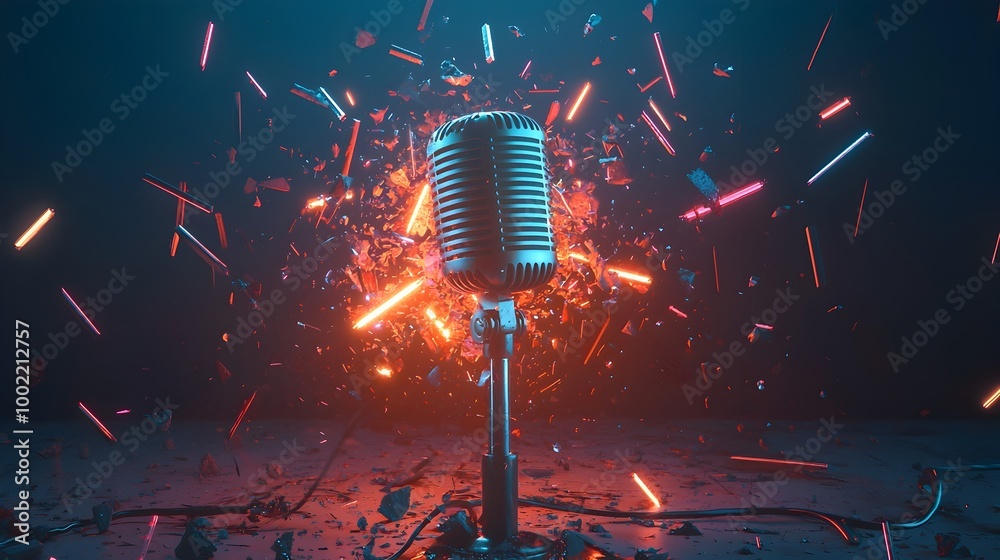 Fototapete Vibrant microphone surrounded by shattered neon light tubes creating a burst of colorful luminous and dynamic visual effect in the dark studio environment