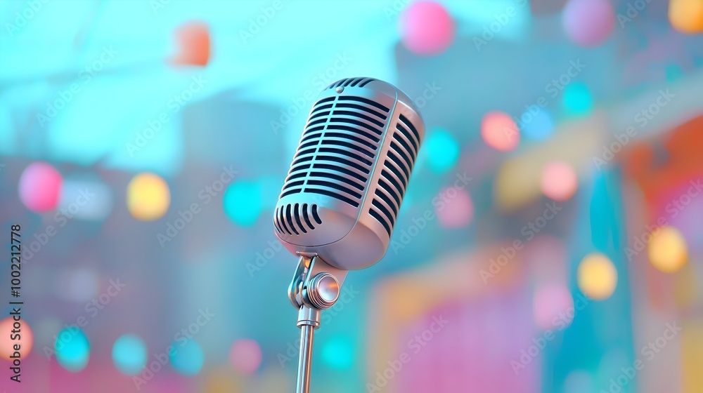 Poster vintage retro style microphone suspended in mid air against a colorful abstract and textured backdro
