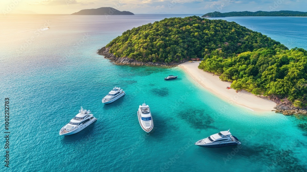 Wall mural Aerial View of Luxury Yachts Anchored Near a Tropical Island with Pristine Beach and Turquoise Waters