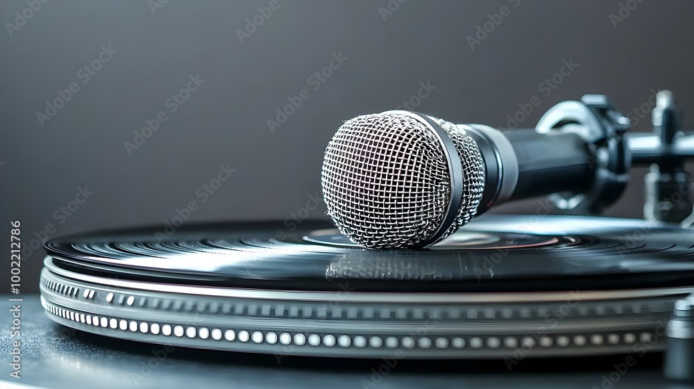 Aufkleber Vintage retro microphone resting gently on top of a spinning vinyl record on an old classic turntable creating a soft blurred background effect evoking a nostalgic analog audio experience