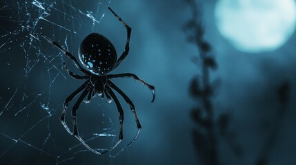 A black spider with white dots sits in its web under a blurred moon.