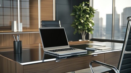 Fototapeta premium A sleek, modern desk in a corporate office, with a laptop, notepad, and a pen placed in perfect order.