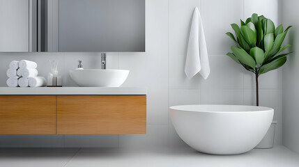 Fototapeta premium Modern bathroom design featuring a sleek bathtub, elegant sink, and stylish decor for a fresh and clean aesthetic.