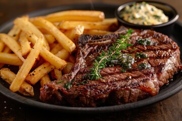 Fototapeta premium A juicy steak frites with a perfectly cooked steak and crispy French fries, served with a side of herb butter. Copy space