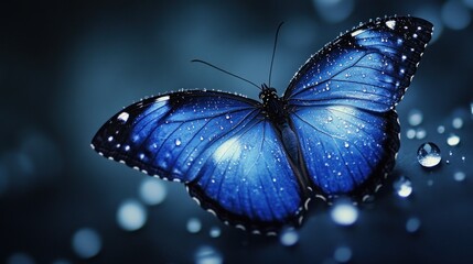 A Blue Morpho Butterfly with Water Droplets