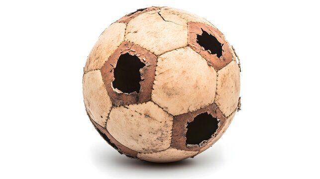 Worn and deflated soccer ball with visible holes and damage isolated on a stark white background conveying a sense of abandonment decay and the impermanence of material possessions