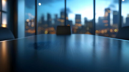 Modern office interior with a sleek table and a skyline view, creating a professional and inspiring atmosphere for meetings.