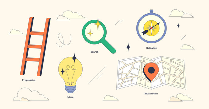 Neubrutalism style collection image depicting career exploration with ladder, magnifying glass, and map.