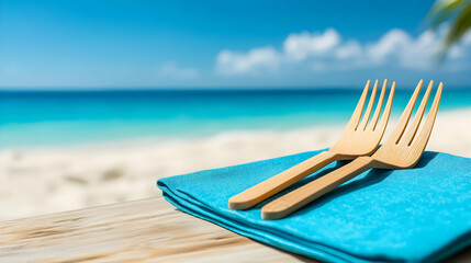 Obraz premium Relaxing beach table setting with wooden forks, blue napkin, and the ocean in the background, perfect for dining vibes.