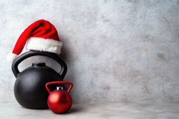 Kettlebell Christmas Cheer, A large black kettlebell dons a festive red Santa hat beside a smaller red kettlebell on a light grey backdrop