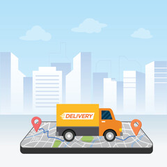 Naklejka premium Delivery service truck on map. Online app tracking, city background