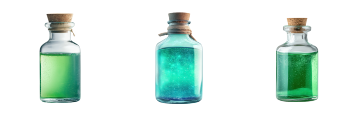 Set of magic potion bottle with glittering liquid isolated on a transparent background