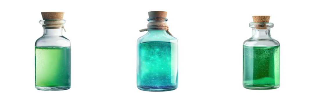 Set of magic potion bottle with glittering liquid isolated on a transparent background - Powered by Adobe