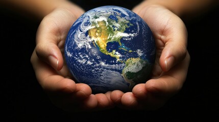 A world held in a person's hands, symbolizing the importance of taking care of our planet.