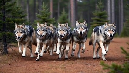 Experience the thrill of the wild with this captivating image of a pack of wolves running through dense pine woods.