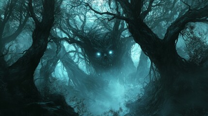 A monstrous tree creature lurks in the foggy forest.