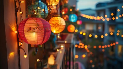 Illuminated Red Paper Lantern with String Lights on a Balcony