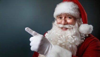  Smiling Santa Claus pointing on blank advertisement banner background with copy space