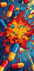 Comic book-style explosion with vibrant capsules bursting in colorful splash effect