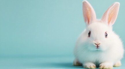 Obraz premium Adorable white rabbit resting against a pastel blue background in a playful pose