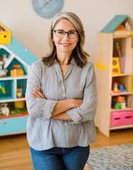  Portrait of smiling woman standing with arms crossed in children's room