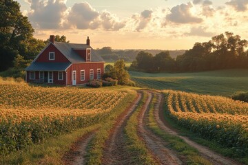 Scenic Countryside Farmhouse with Winding Dirt Road at Sunset