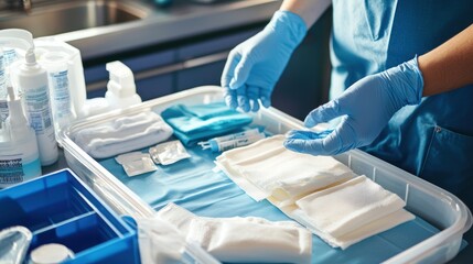 The scene shows a caregiver preparing to apply a fresh bandage, with wound care supplies neatly organized on a tray.