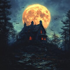 Fototapeta premium Spooky Halloween night scene with a haunted house, bats, and a full moon