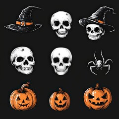 Set of Halloween-themed icons: skulls, pumpkins, spiders, and witches’ hats