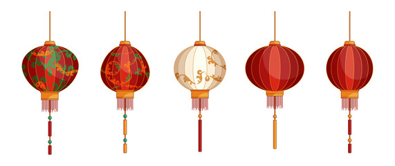 Set of chinese paper lanterns with decorative elements, graphic design elements for Chinese new year and Lantern festival. Vector illustration. © Diana Berber