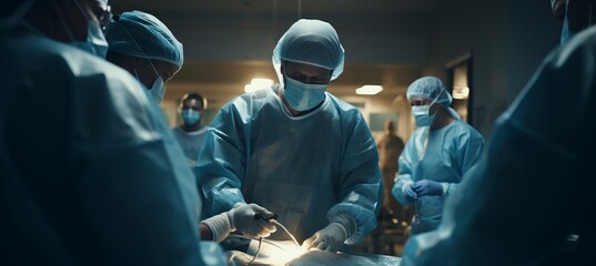Team of surgeons performing a complex operation in a dimly lit hospital operating room