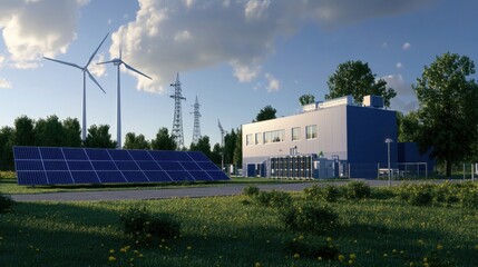 Hybrid power plant integrating solar panels and wind turbines, representing advanced green energy solutions.