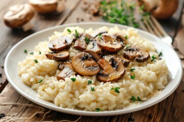 A plate of creamy risotto with mushrooms and Parmesan cheese, garnished with fresh herbs. Copy space