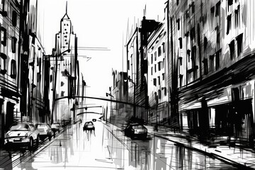 Fototapeta premium City hand drawn sketch. European city street. Black and white colors. Buildings and cars